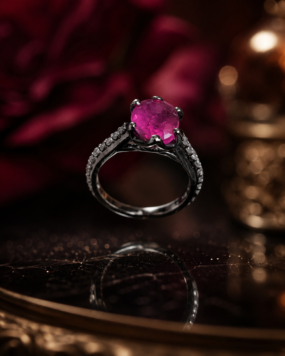 Burman Ruby & Diamond Silver Ring – Black Rhodium Finish