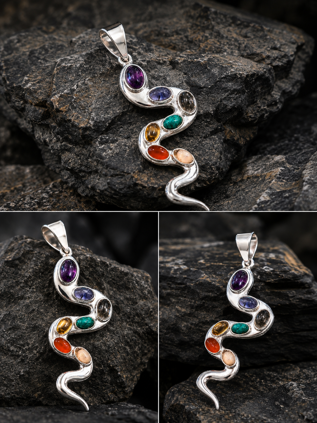 7 Chakra Snake Pendant in Silver