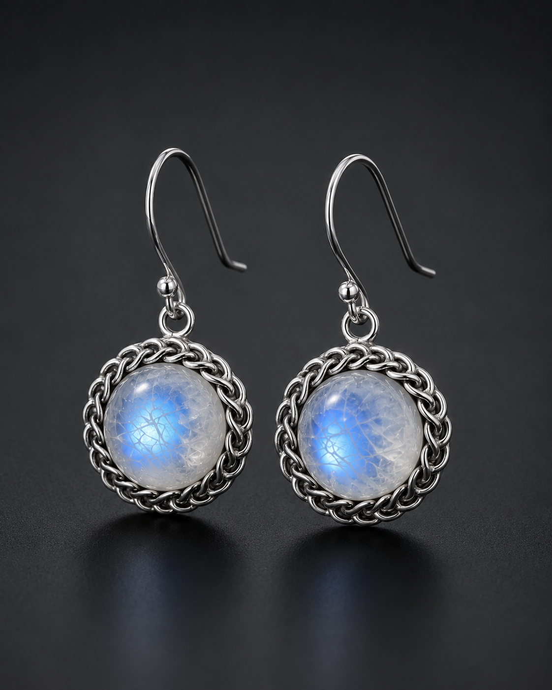 Moonstone Silver Earrings with Engraved Detailing