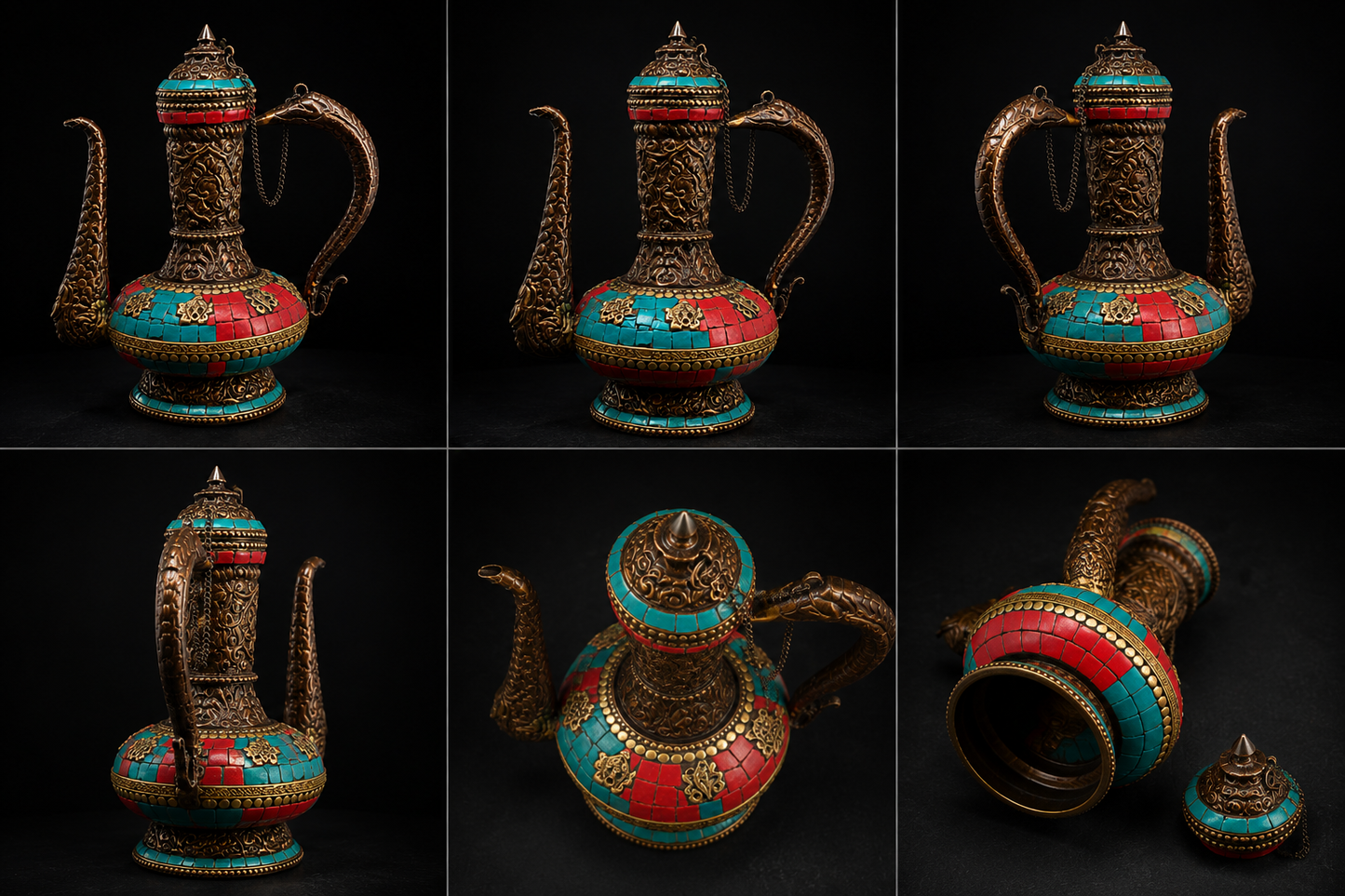 Tibetan Turquoise & Coral Ceremonial Ewer in Bronze