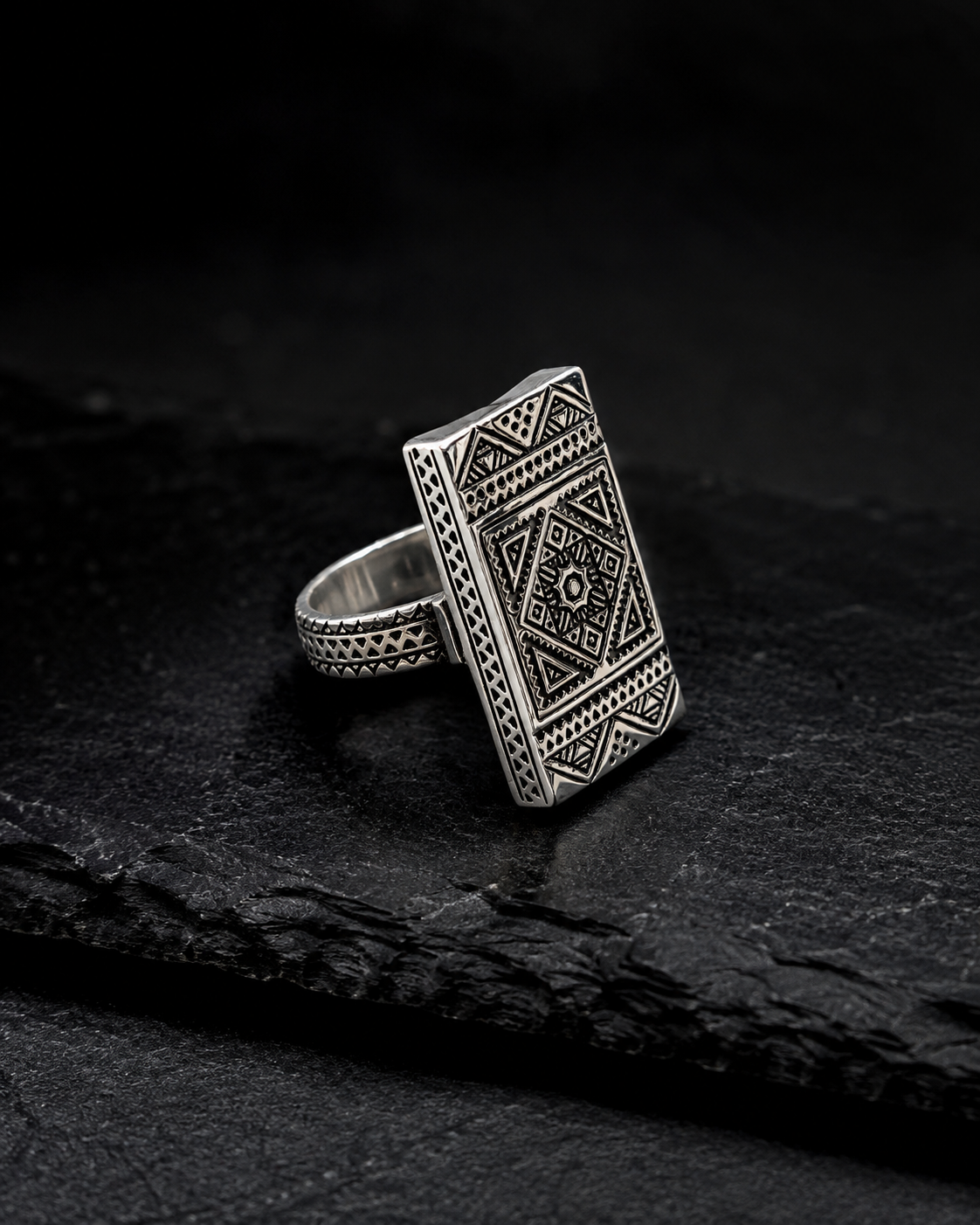 Silver Rectangle Ring with Tribal Engraving