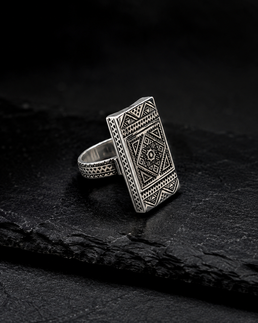 Silver Rectangle Ring with Tribal Engraving