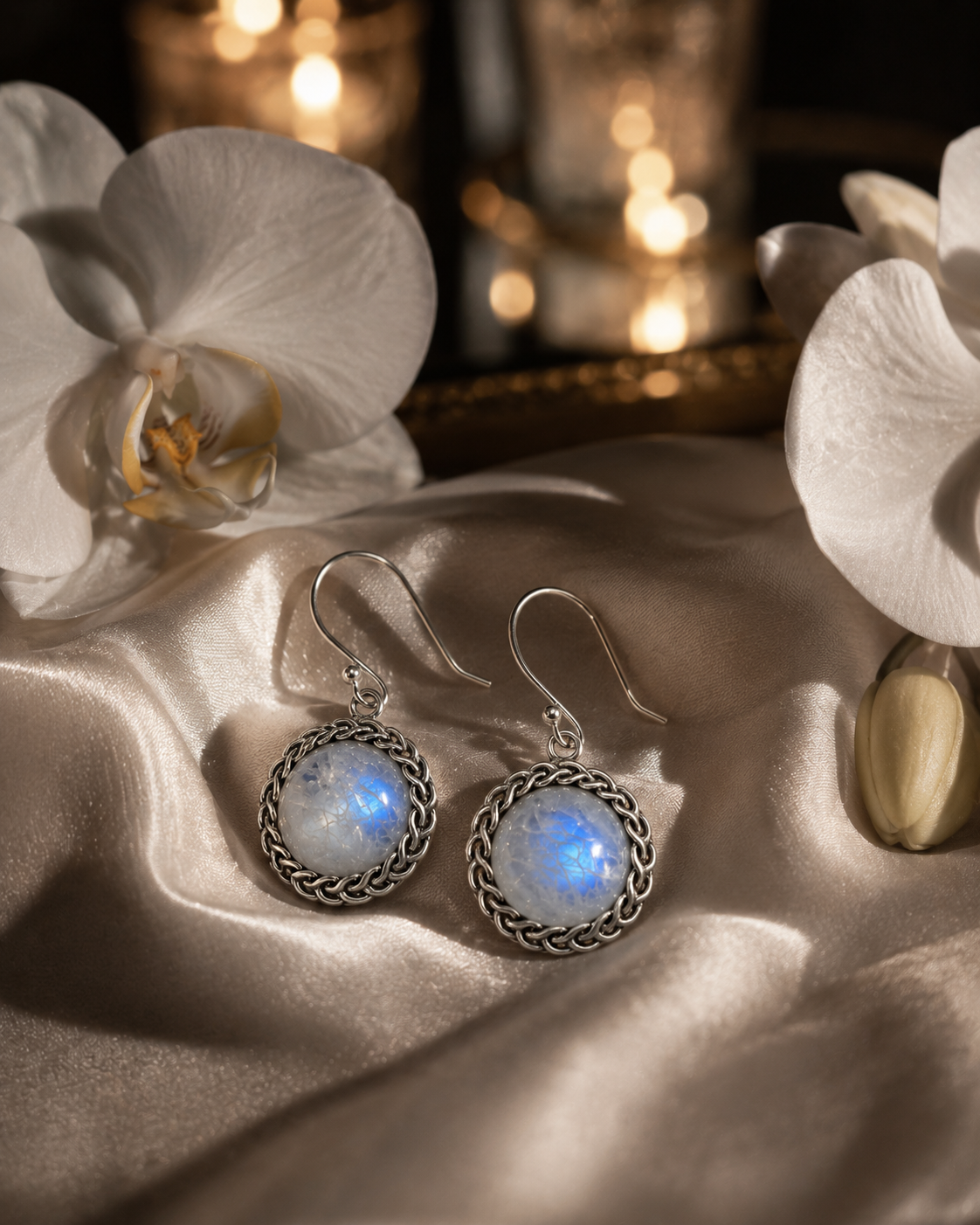 Moonstone Silver Earrings with Engraved Detailing