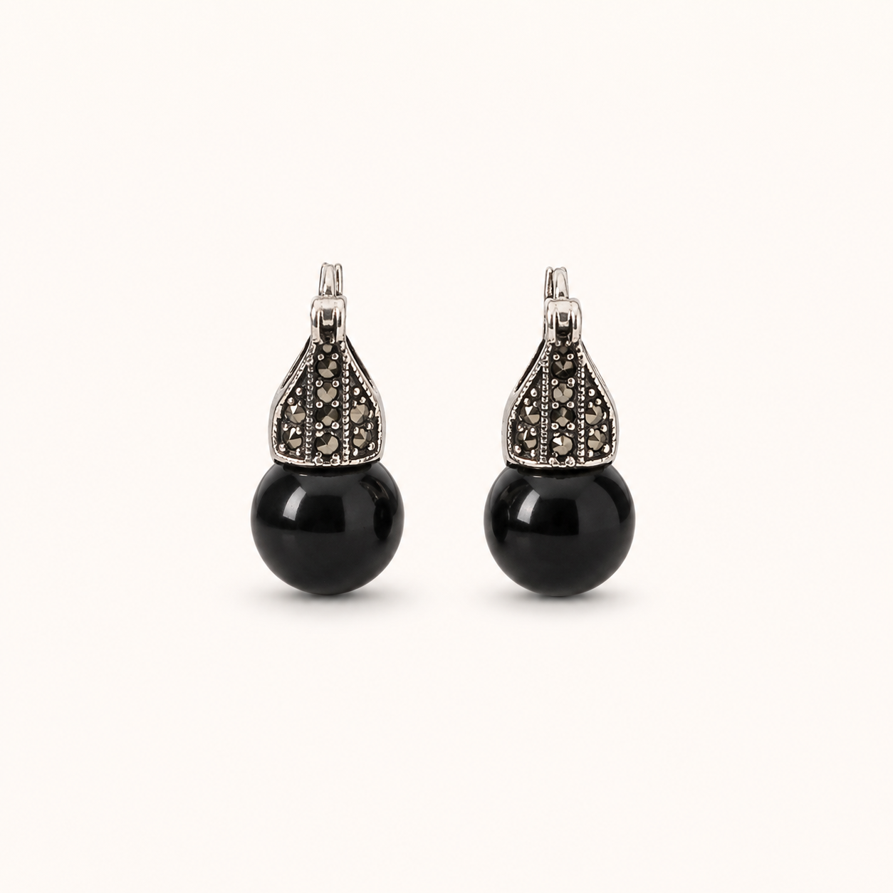 Black Onyx Marcasite Earrings in Silver