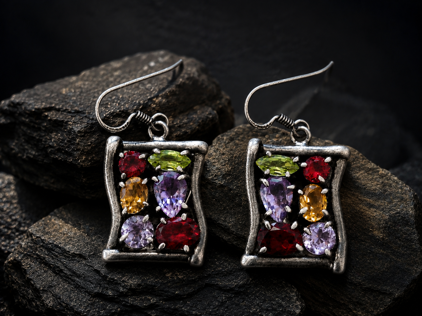 Multi-Gemstone Silver Earrings — Amethyst, Peridot, Garnet & Yellow Topaz