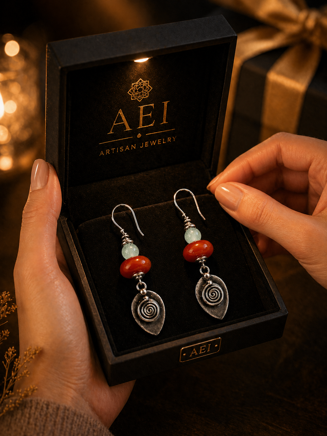 Elegante Spiralohrringe mit Karneol- und Aquamarinsteinen