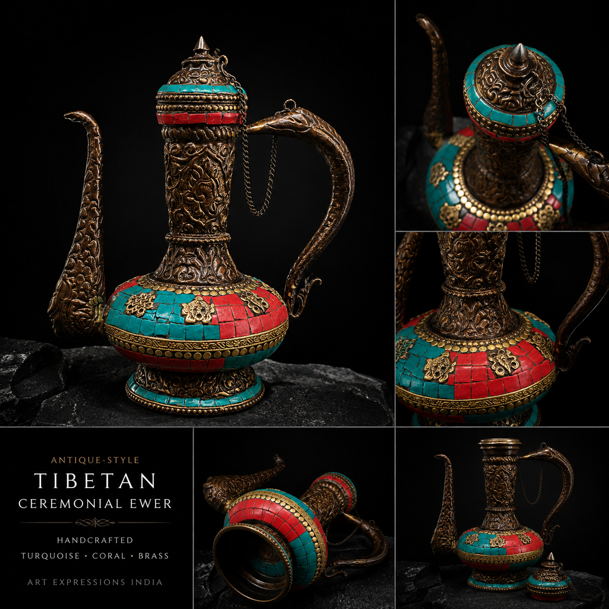 Tibetan Turquoise & Coral Ceremonial Ewer in Bronze
