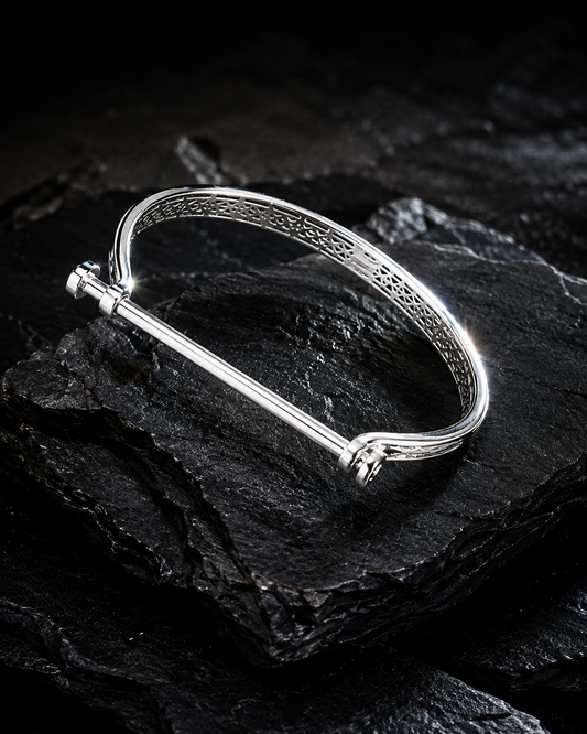 Handcuff Bangle – Silver Screwable Lock with Anice Pattern