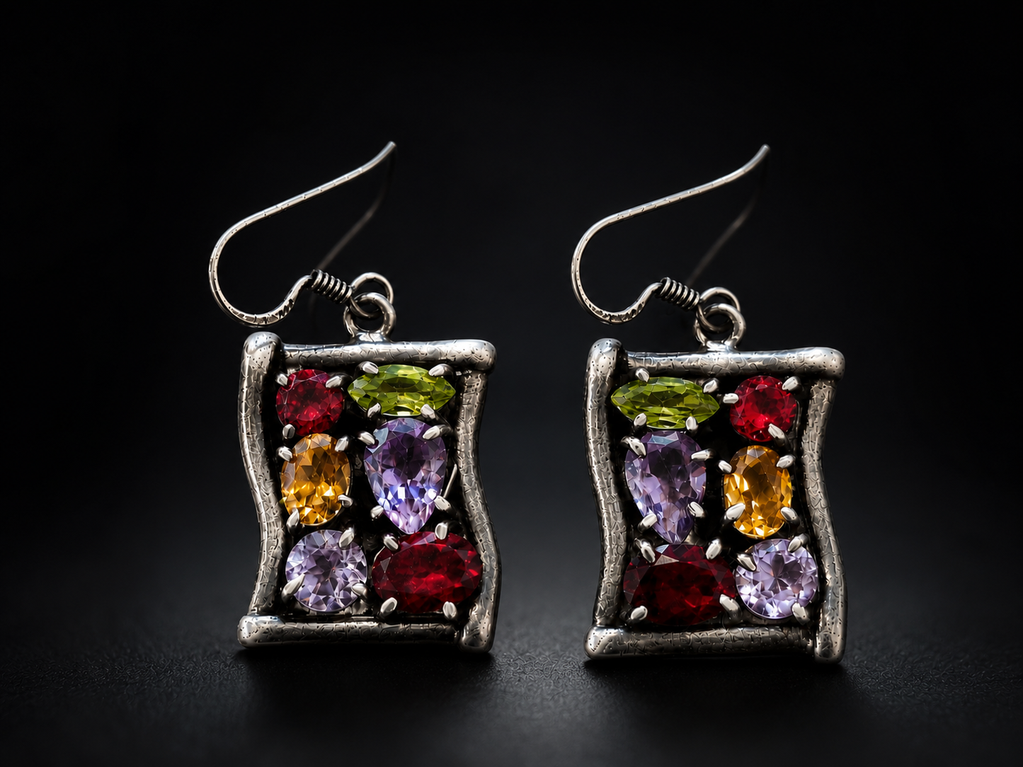 Multi-Gemstone Silver Earrings — Amethyst, Peridot, Garnet & Yellow Topaz