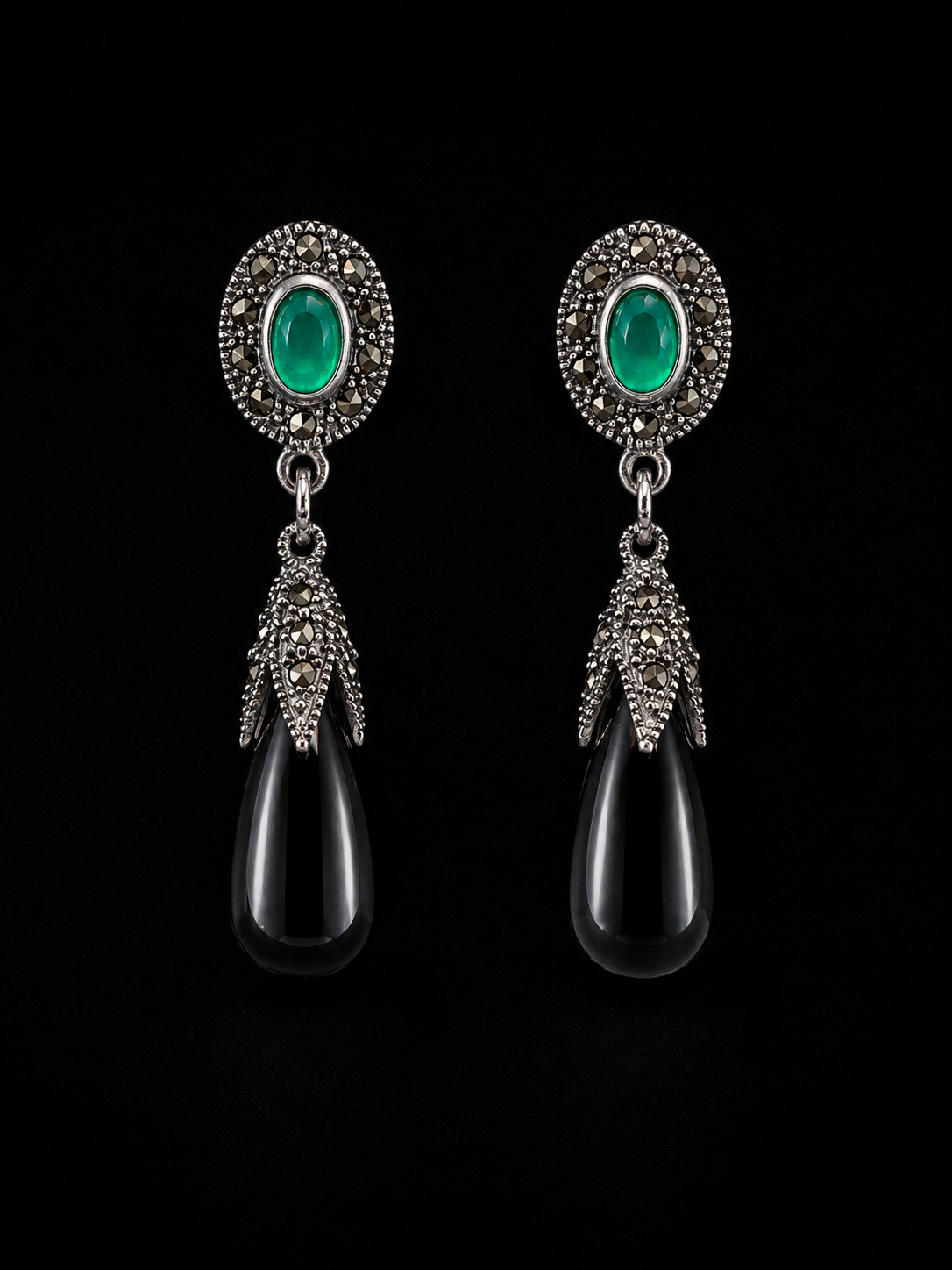 Silver Onyx Drop Earrings with Marcasite Halo